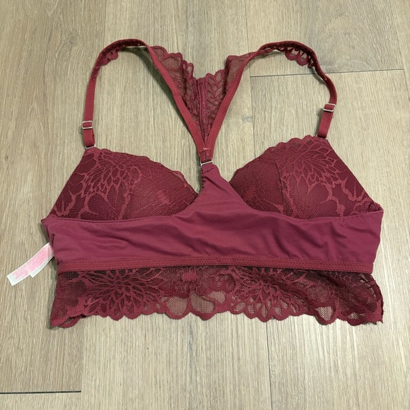 Victorias Secret PINK Womens Bralette Small Burgundy Red Lace Racerback Wireless - Picture 7 of 13